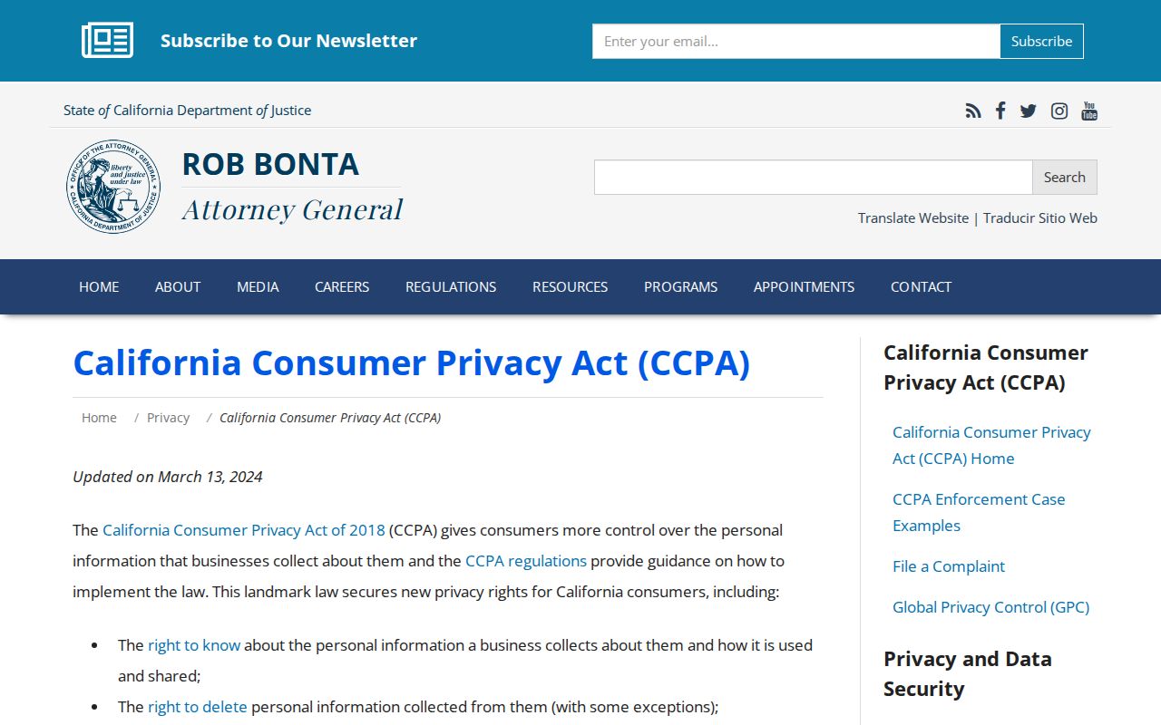 Westminster previous residents California consumer privacy guidance