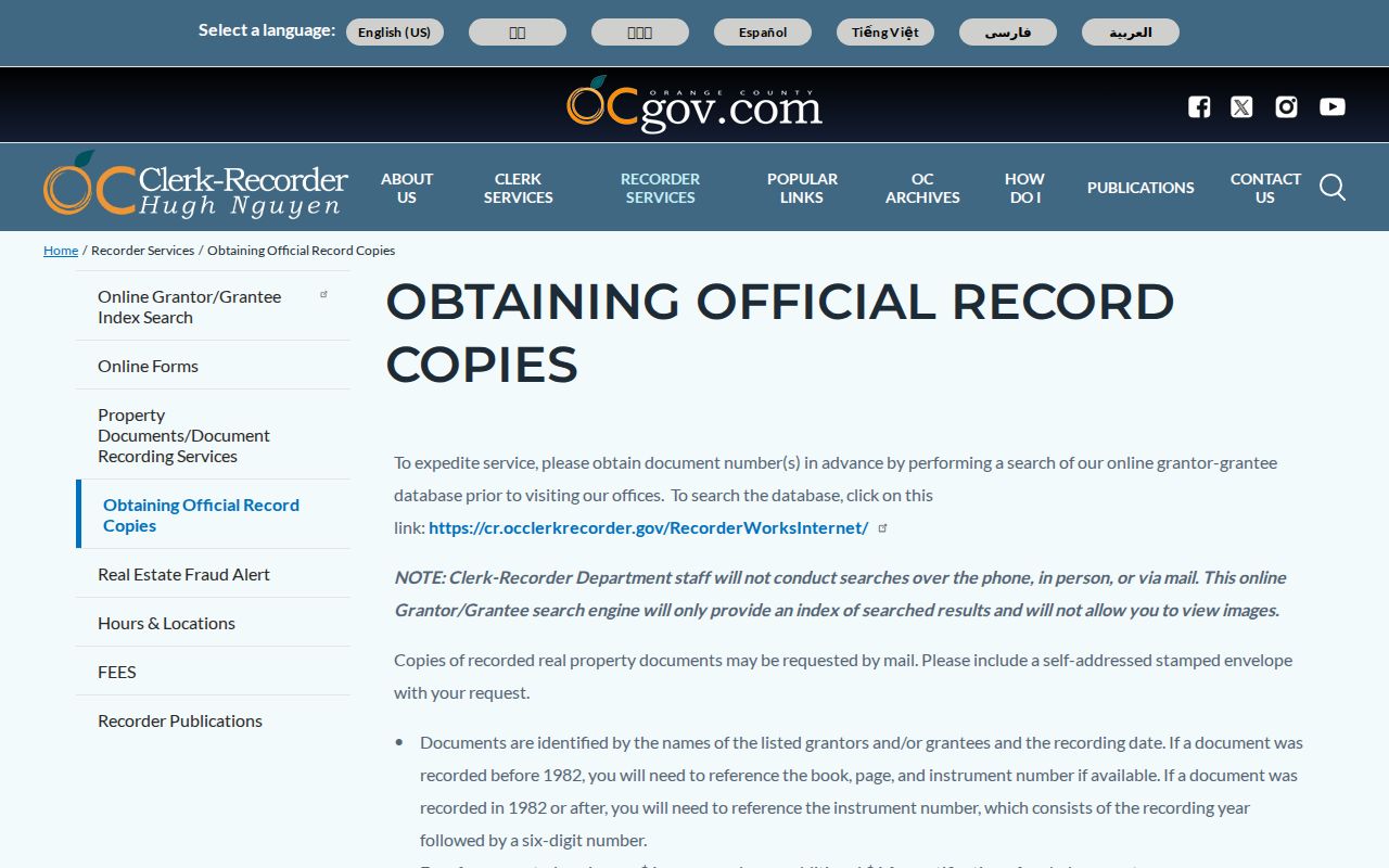Westminster previous residents Orange County recorded document copy instructions
