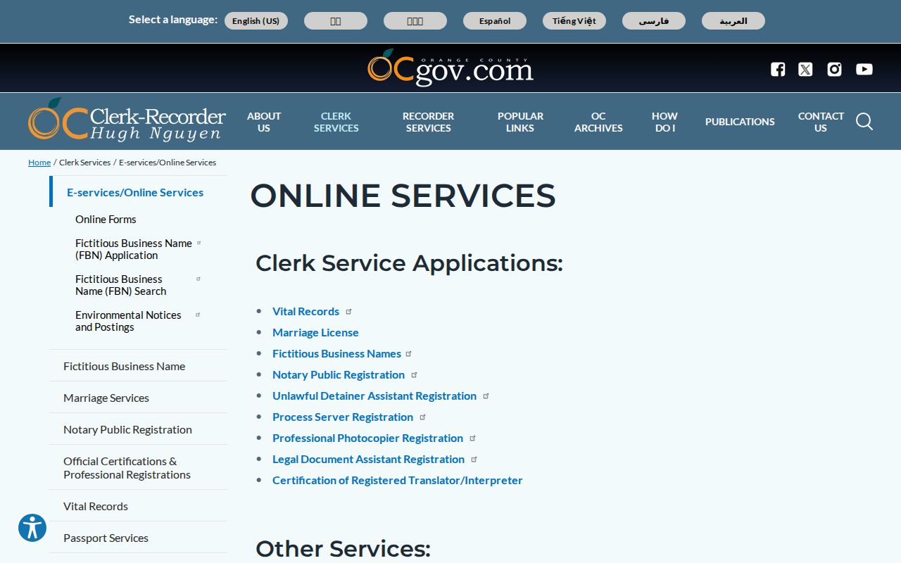 Westminster ZIP Orange County Clerk-Recorder online services